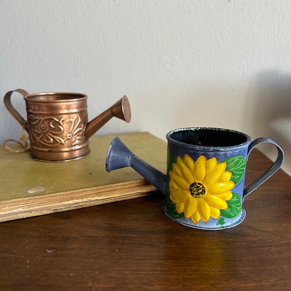 Mini Hosley Watering Cans Decorative Embossed Copper and Blue Painted Met with Sunflower Set of 2 Vintage