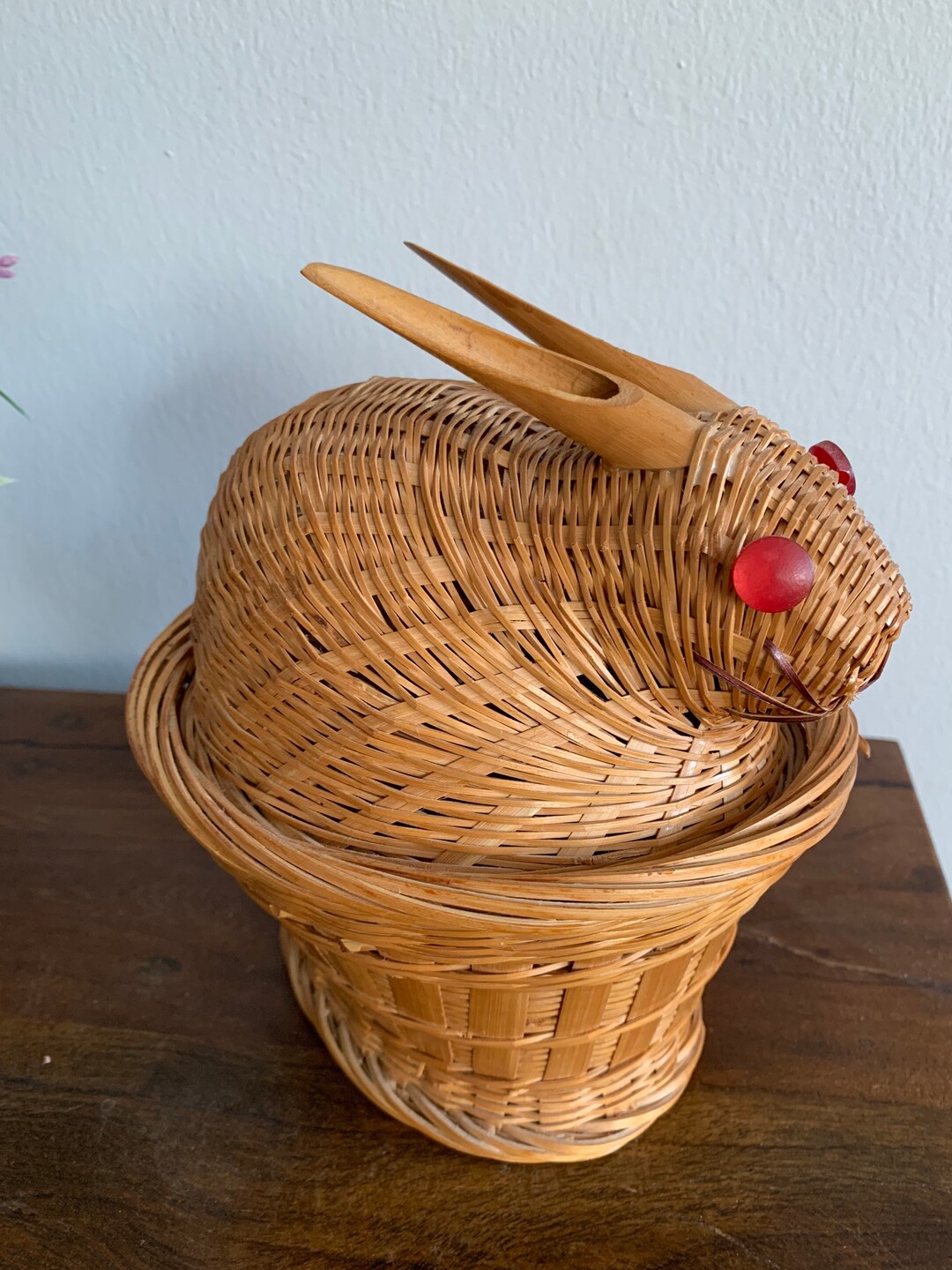 Rattan Rabbit Bunny Basket Red Button Eyes Wicker Basket for Farmhouse