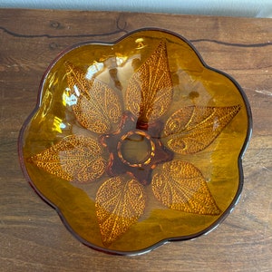 Indiana Glass Amber Pressed Glass  Leaf Pattern Scalloped Dish, Candy or Nut Dish Serving Bowl