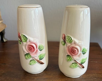 Vintage Ceramic Rose Salt and Pepper Set, Mealtime Prayers, Made in Japan