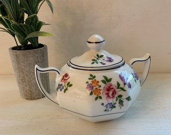 Z. S & Co Bavaria Vintage Porcelain Lidded Sugar Bowl with Handles White Polychrome pink purple orange green Floral Design 26