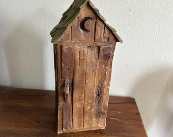 Vintage Hand Carved Wood Outhouse Figurine Primitive Wood House Green Roof Half Moon Door Genuine Wood Made USA
