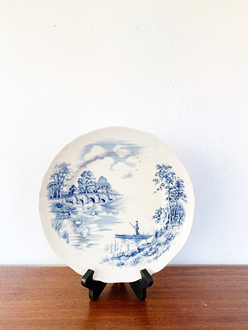 vintage blue and white ironstone plate Coastal Cottage decor Alfred Meakin \u2018Tilford Bridge\u2019 from English Bridges Collection