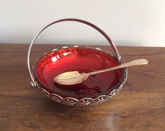 Ruby Red Glass Jelly Bowl, Silver Plated Basket, Made in England