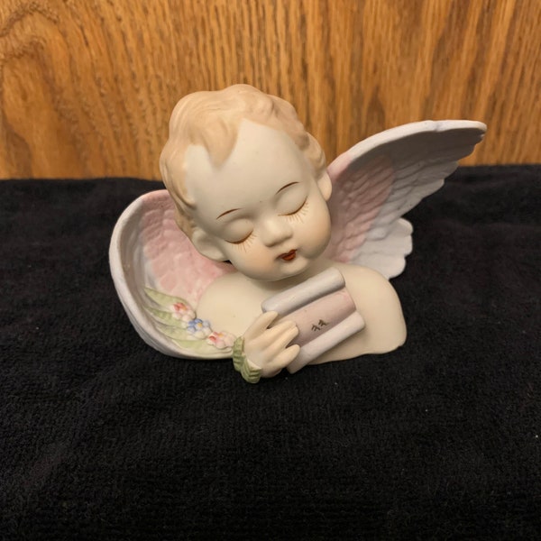 Lamore China Porcelain Bisque Sleeping Angel Head and Wings Victorian Angel Decor Hand Painted Christmas Angel made in Occupied Japan