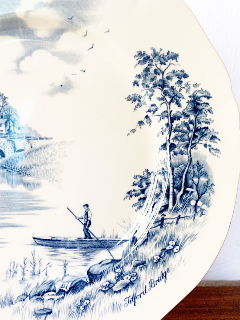vintage blue and white ironstone plate Coastal Cottage decor Alfred Meakin \u2018Tilford Bridge\u2019 from English Bridges Collection