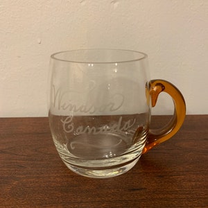Windsor Canada Etched Clear Glass Mug with Applied Amber Handle, Vintage Blown Glass Souvenir Coffee Cup