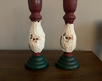 Vintage Wood Santa Candle Sticks Hand painted Santa Claus Christmas Holiday Decor Candlestick