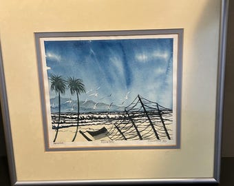 Acquerello vintage raffigurante gabbiani sulla spiaggia, firmato e incorniciato, da appendere al muro.