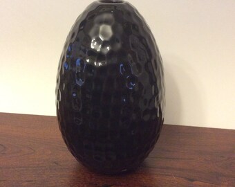 Black Egg Vase Honeycomb Textured pattern Ceramic shiny black glaze vintage MCM decor Modernist Minimalist