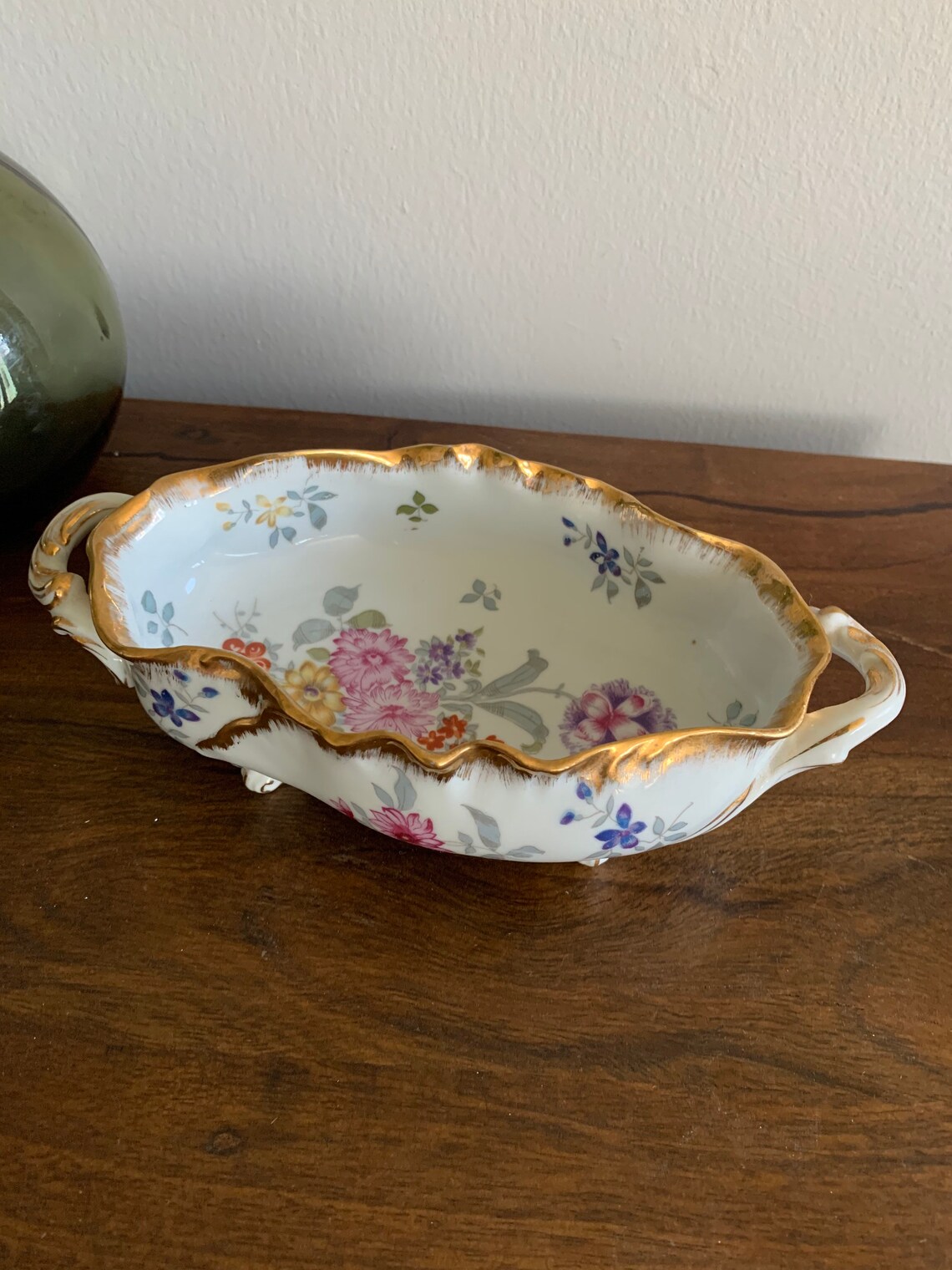 Oval Footed Porcelain Bowl With Spring Flowers and Gold Edging Etsy