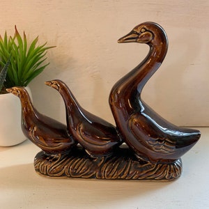 Geese or Duck Ducklings Brown Drip Glaze Ceramic Figurine Vintage Made in Brazil Country Farmhouse Kitchen Decor