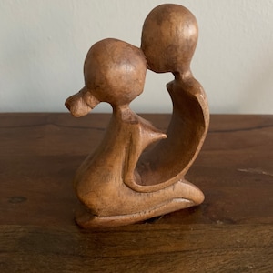 Wood Kissing Couple Abstract Wood Carving Boho Hand Carved 4” Tall