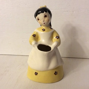 Brayton Laguna Sally California Art Pottery Kitchen Vase Spoon Holder Black Hair Freckles Yellow Dress Figurine 1950s Vase Vintage