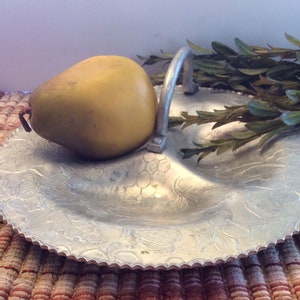 Vintage Hand Finished Aluminum serving tray. dish with handle, candy dish, trinket dish, dish for keys, floral fruit design