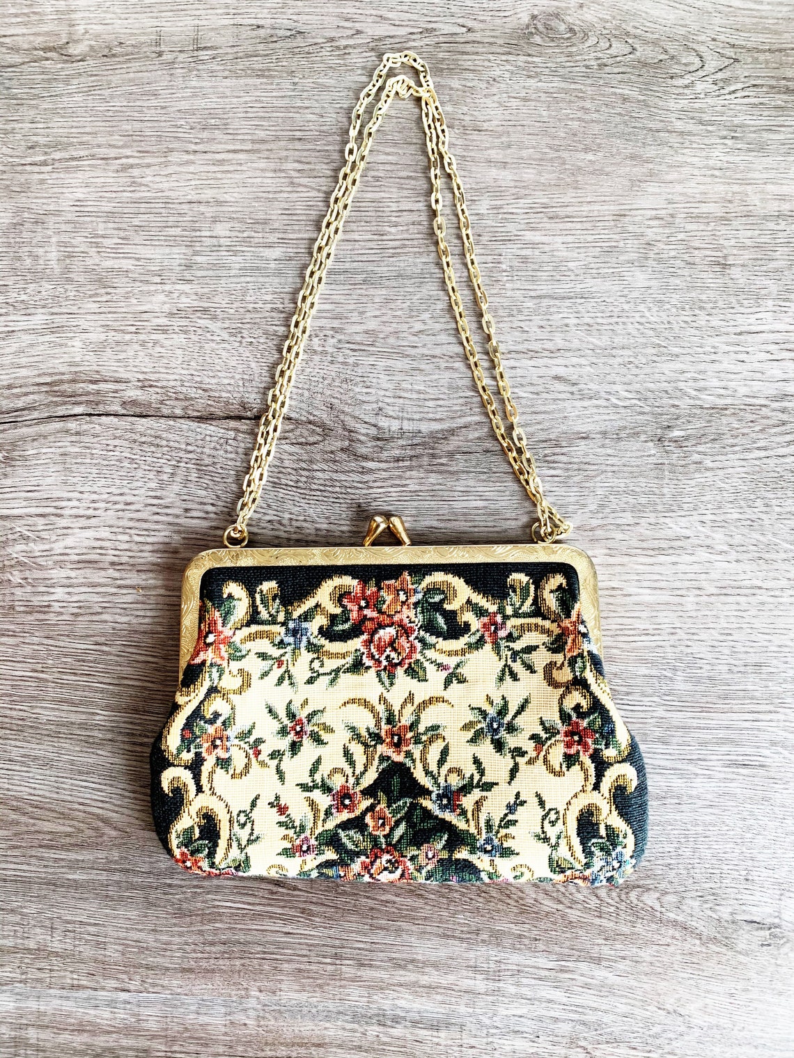 Vintage Floral Tapestry Clutch with Gold Chain Handle by Fine Etsy