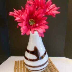 White Blown Art Glass Vase with Dark Brownish Purple Swirl, Retro, mid century modern, modernist decor