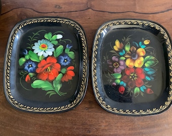 Black Metal Russian Tole Painted Trays, Pair of decorative trays for keys, trinkets, or coin, or boho wall decor