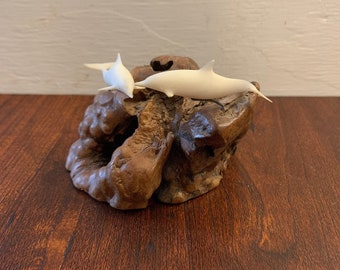 John Perry Burl Wood Dolphin Sculpture, Small wood sculpture with two dolphins. Office Decor, Sea Life Ocean Creature Animal Lover
