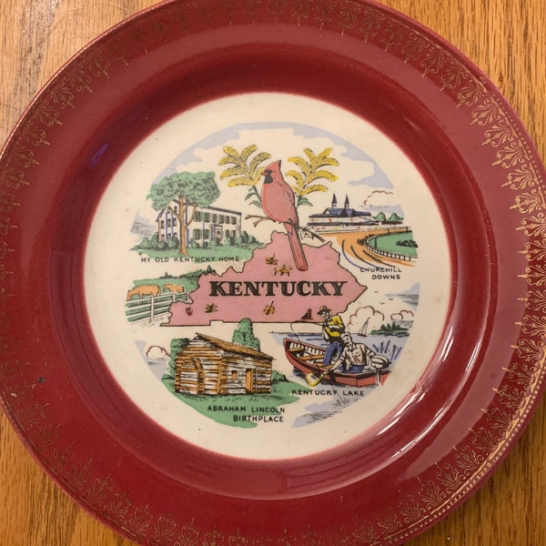 Kentucky State Souvenir Plate, Homer Laughlin Cardinal, Abe Lincoln Travel Collector Plate, Vacation Memories