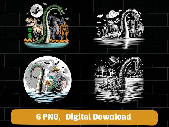 Bigfoot dragon alien dinosaur riding loch Ness Halloween png, creepy animals spooky bigfoot loch Ness Halloween png bundle