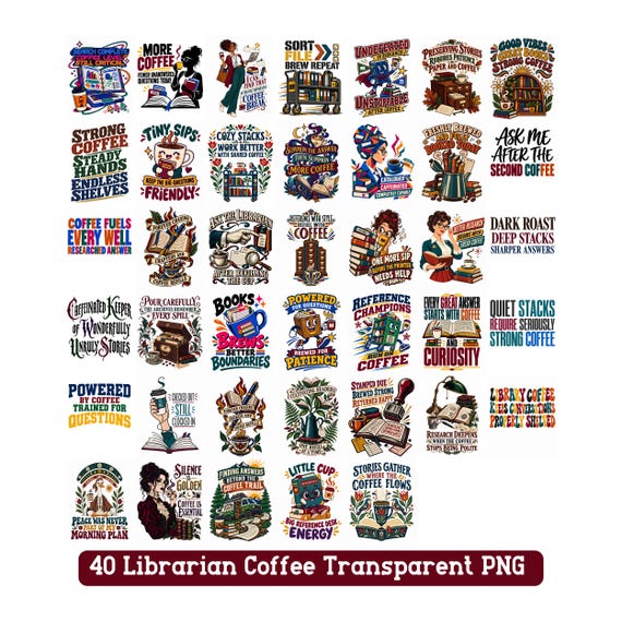 Librarian Coffee PNG Bundle 40 Book Library Sublimation Designs