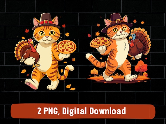 Cat turkey pizza png, fall cat thanksgiving png, cat pilgrim png, cat holding turkey pizza png