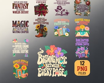 Fantasy Reader Coffee PNG Bundle Book Lover Floral Digital Download
