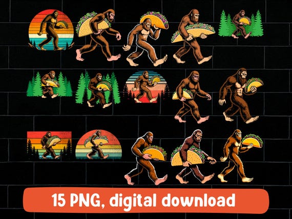 Bigfoot taco PNG bundle: sasquatch holding tacos design (digital download)