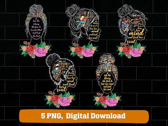 Book Lover Library Quote PNG bundle Reading Art Floral Woman Illustration digital download