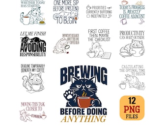 Cat Procrastinating Coffee PNG Bundle Funny Cat caffeine minimalist Digital Download