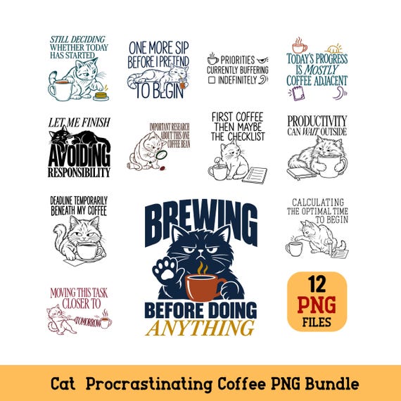 Cat Procrastinating Coffee PNG Bundle Funny Cat caffeine minimalist Digital Download