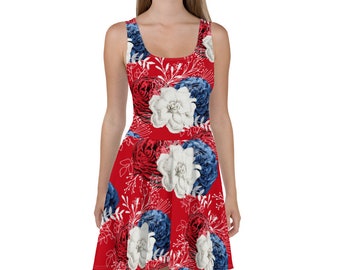 Floral dress, floral red dress for women, patriotic dress for women, 4th of July dress, Fourth of July clothes, plus size adults dress