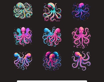 Octopus PNG bundle Colorful Ocean Animal Design Sublimation Cricut Printable Digital Download