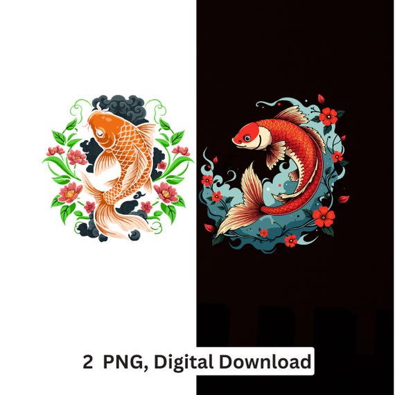 Koi Fish Floral PNG Japanese Art Sublimation Cricut Printable Digital Download