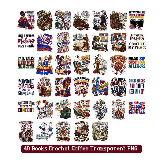 Books Crochet Coffee PNG Bundle reading Yarn Sublimation Designs