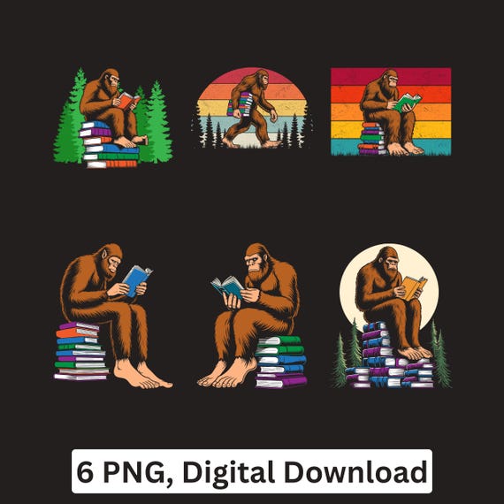 Bigfoot Reading Books PNG Sasquatch Reader Sublimation Cricut Printable Digital Download