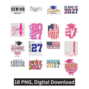 以下が含まれることがあります： 卒業をテーマにしたデザインが施された、18個のPNGデジタルダウンロードのコレクションです。「Senior」という単語と「2027」の年号が様々なフォントと色で表示され、卒業キャップとリボンも含まれています。