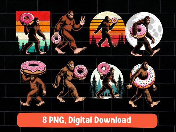 Donuts bigfoot PNG bundle, sasquatch holding donut design (digital download)