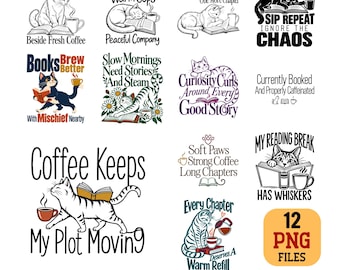 Book Lover Cat Coffee PNG Bundle minimalist Reading Sublimation Designs