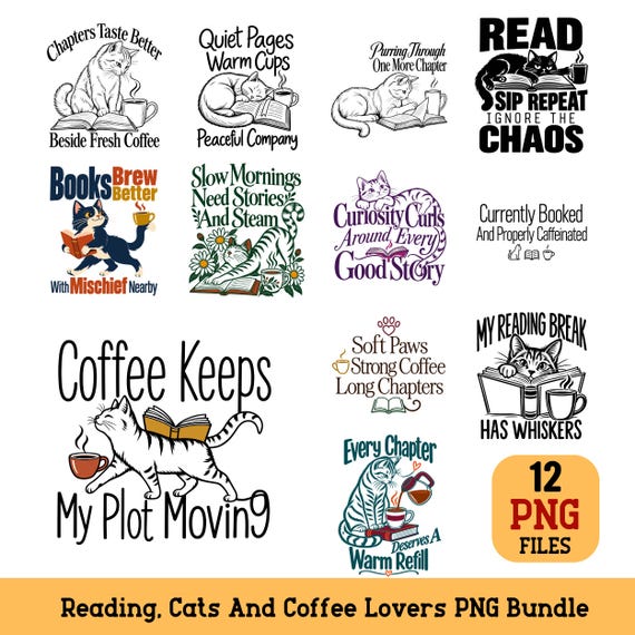 Book Lover Cat Coffee PNG Bundle minimalist Reading Sublimation Designs
