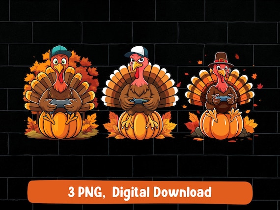 Turkey Gamer Thanksgiving PNG Bundle: Video Game Fall Clipart (Digital Download