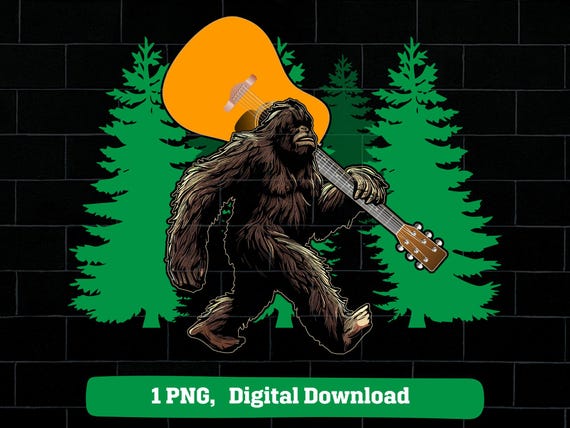 Bigfoot holding classic guitar png, bigfoot guitarist png, sasquatch carrying classical guitar png