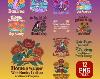 Book Lover Cat PNG Bundle Floral Coffee Reading Sublimation Designs