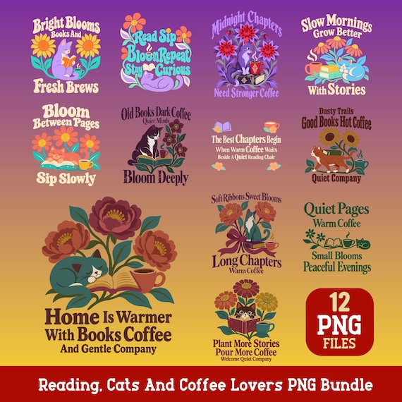 Book Lover Cat PNG Bundle Floral Coffee Reading Sublimation Designs