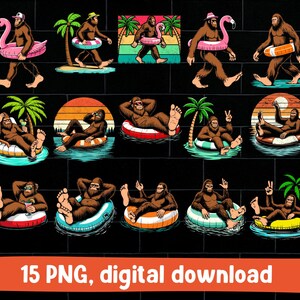 May include: A collection of Bigfoot illustrations in various poses, including walking with a flamingo float, relaxing in a tube, and giving a peace sign. The images feature a retro sunset and palm trees, with the text "15 PNG, digital download".