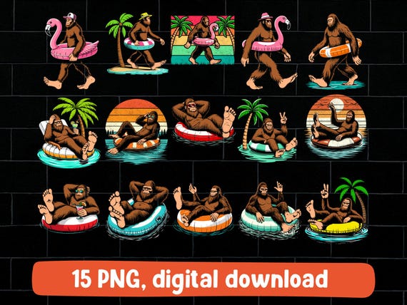 Bigfoot pink float png bundle, sasquatch relaxing floating pool party design (digital download)