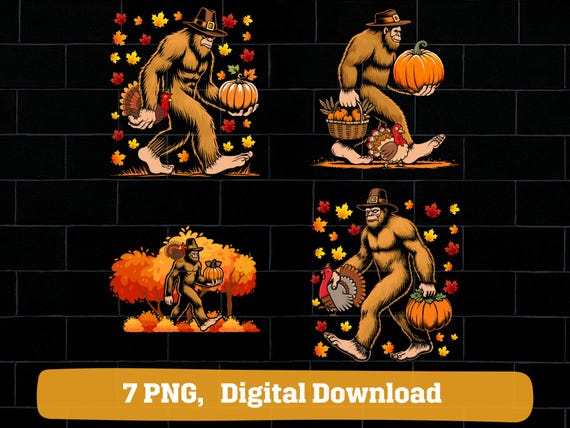 Bigfoot pilgrim png bundle, fall bigfoot pilgrim thanksgiving png, fall sasquatch pilgrim png
