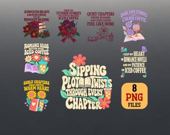 Romance Reader Coffee PNG Bundle Bookish Floral Iced Coffee Sublimation Digital Download