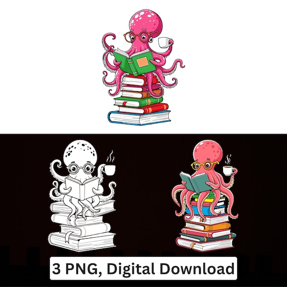 Pink Octopus Reading Book Clipart, Coffee Lover Sublimation Design (Digital Download)